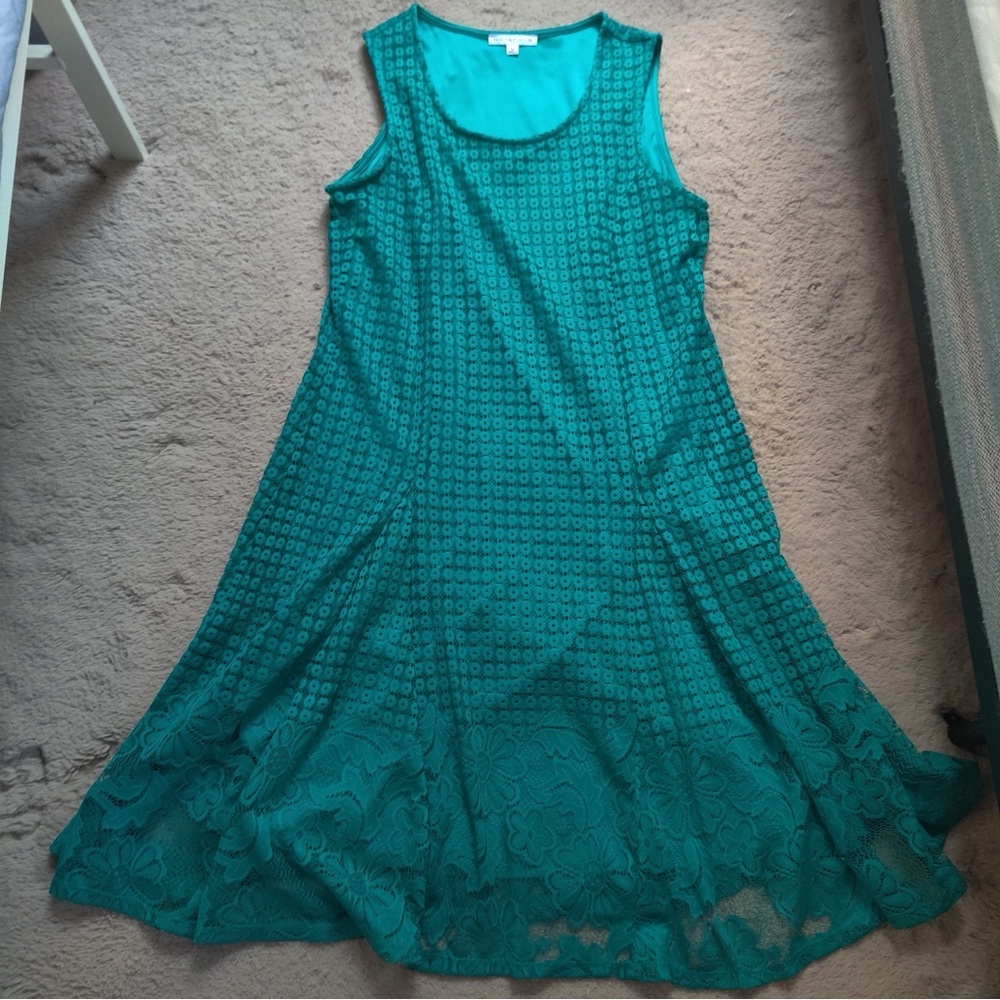 Notations Teal Turquoise Blue Green Lace Midi Dress Fit and Flare